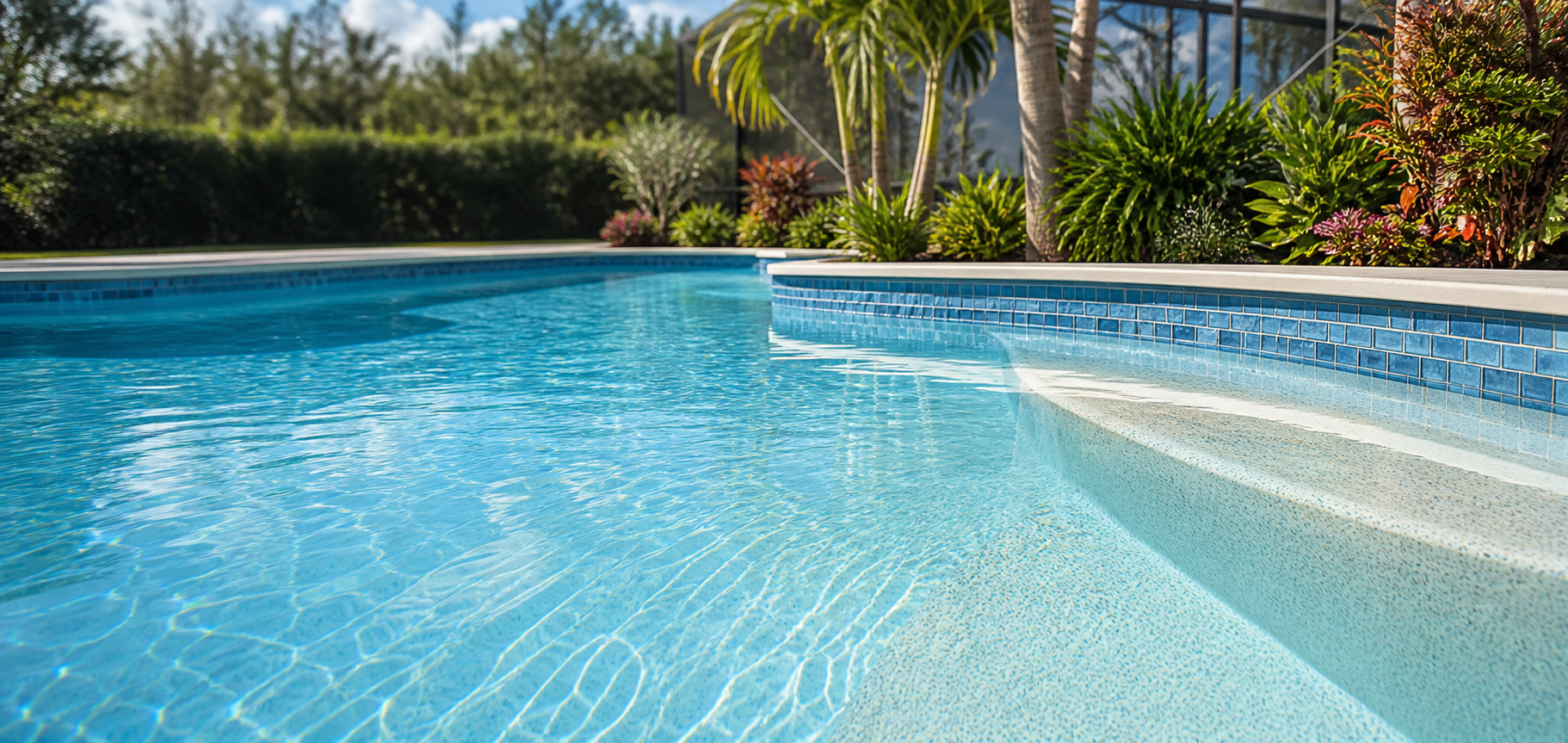 Freshly finished pool plaster surface with clear blue water